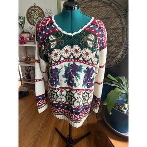 VTG 90s Hand Knit Oversized Geometric Cozy + Cute Floral Geometric Sweater XL